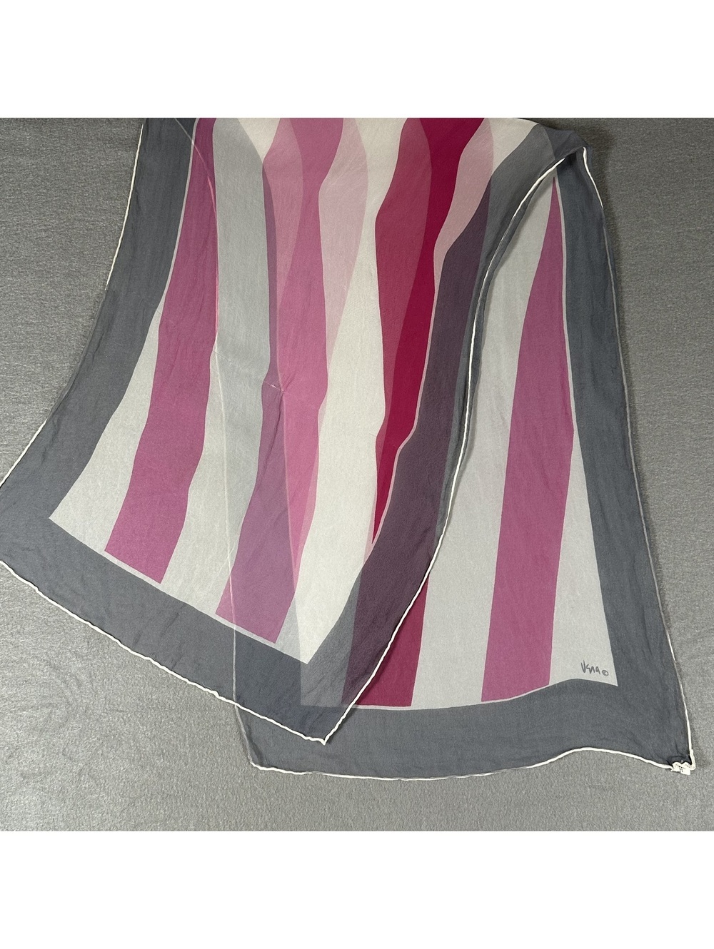 Vera Neumann Vintage Pink, White, and Gray Striped Scarf
